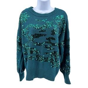 Nine West Sweater Green Womens M Ribbed Knit Sequins Balloon Sleeve Crew Neck